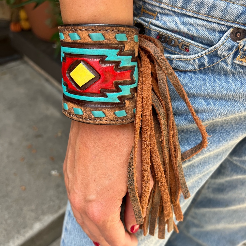 Vintage Handcrafted Leather Cuff Bracelet - Red, Turquoise, and Brown - Fringed